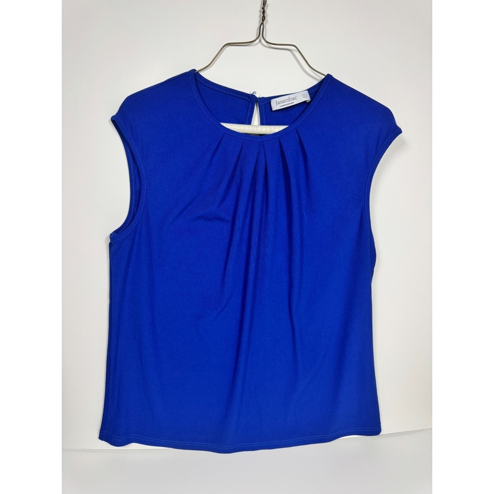 Jasambac Blouse Top Womens Large Royal‎ Blue Ribbed Knit Pleated Keyhole Back